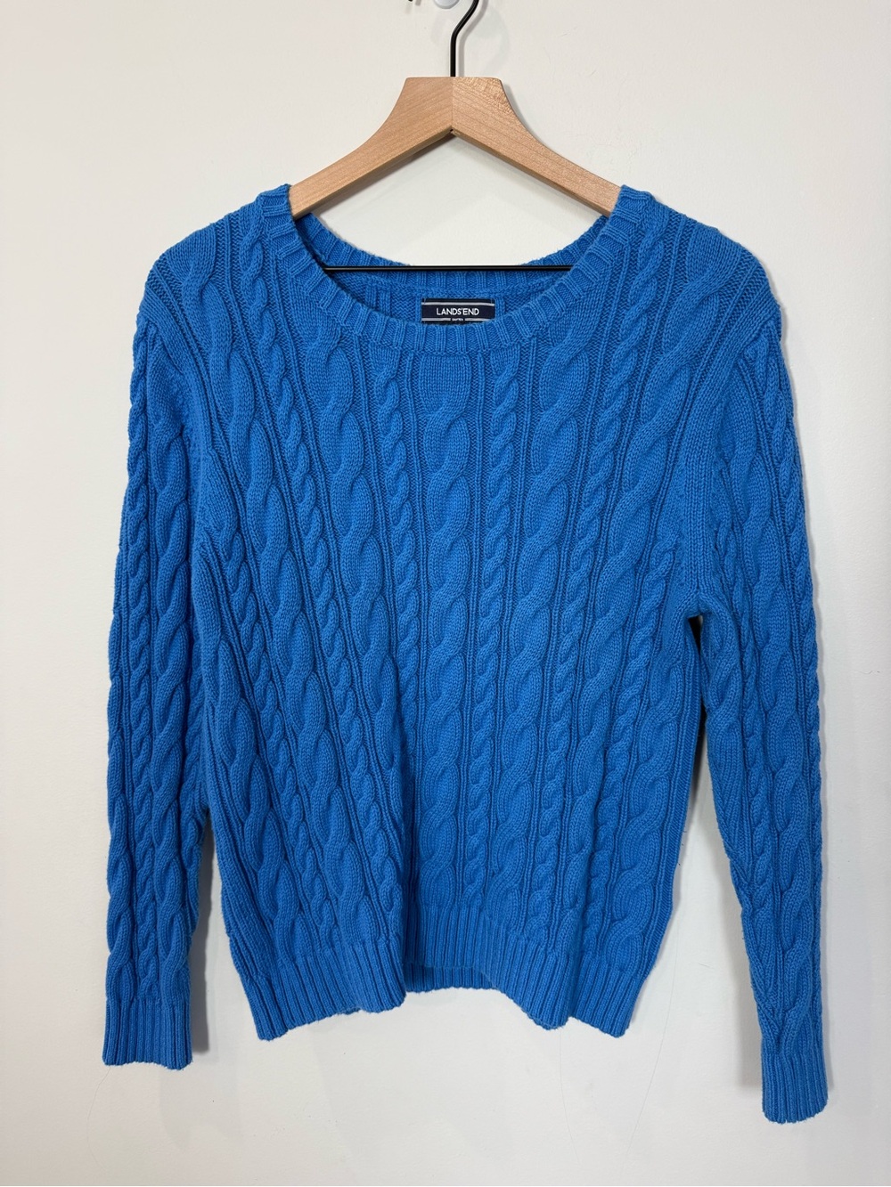 Lands’ End Drifter Blue Cable Knit Cotton Sweater L 14-16